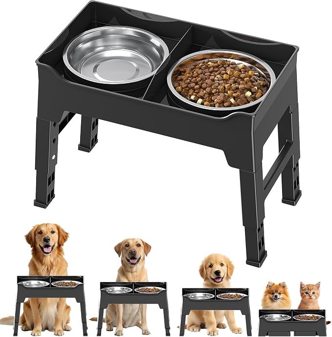 CZPET Elevated Dog Bowls, Splash Guard 4-Height Adjustable, Stainless Bowls | Mess Proof, Raised Stand with Two 2L Stainless Steel Bowls, Lifted Food Water Feeder for Small, Medium & Large Dogs by CZPET