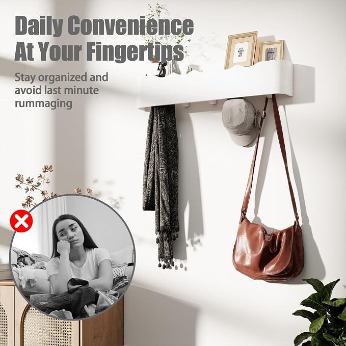 Coat Rack Wall Mount with Shelf 4 Hidden Hooks Modern Wooden Key Holder Entryway Organizer for Hallway Bedroom Bathroom Home Decor Storage for Hanging Coats Hats Bags Towels, Wave-Shape White - Image 5