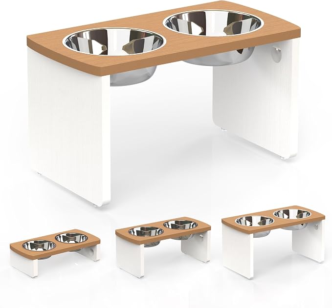 Elevated Dog Bowls, Waterproof Raised Dog Bowl for Medium & Large Dogs, HIPS Poly Lumber Stand with 2 Stainless Steel Bowls, Indoor & Outdoor Use (13'' Tall–68 oz Bowl, Teak - White) by JoyoPawFamily