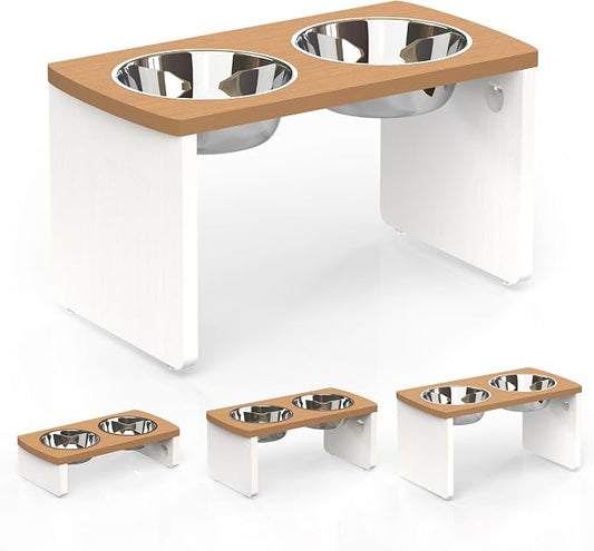 Elevated Dog Bowls, Waterproof Raised Dog Bowl for Medium & Large Dogs, HIPS Poly Lumber Stand with 2 Stainless Steel Bowls, Indoor & Outdoor Use (13'' Tall–68 oz Bowl, Teak - White) by JoyoPawFamily