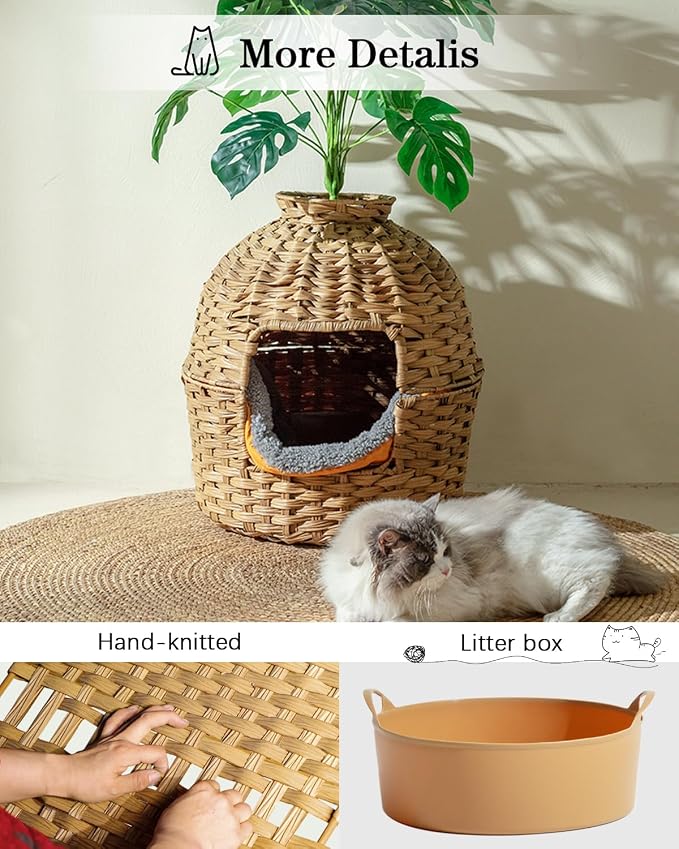 SETVSON Cat Litter Box Plant Furniture Enclosure, Rattan PE House, Natural | Decorative Planter Design, Removable Top for Easy Cleaning, Includes Artificial Plants, Real Stones, 20 x 20 Inches - Image 4