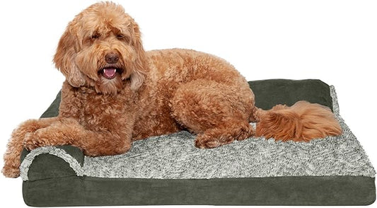 Furhaven Orthopedic Dog Bed for Large/Medium Dogs w/ Removable Bolsters & Washable Cover, For Dogs Up to 55 lbs - Two-Tone Plush Faux Fur & Suede L Shaped Chaise - Dark Sage, Large