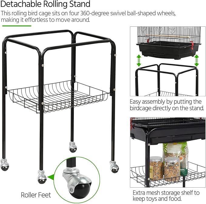 Yaheetech 64'' Open Top Bird Cage for Parakeets & Cockatiels, Black | Detachable Rolling Stand, Easy-clean Slide Tray, Multi-door Access, 3/8" Bar Spacing, Indoor/Outdoor Use - Image 7