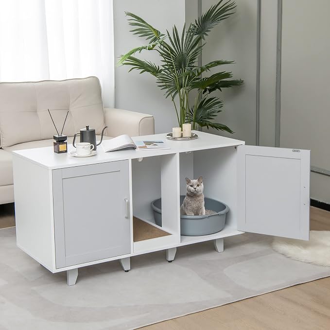 Tangkula Double Cat Litter Box Enclosure for 2 Cats, Large Stackable Hidden Privacy Cat Washroom Cabinet with Scratching Board, Indoor Cat House TV Stand Side Table, Litter Box Furniture (Grey) - Image 2