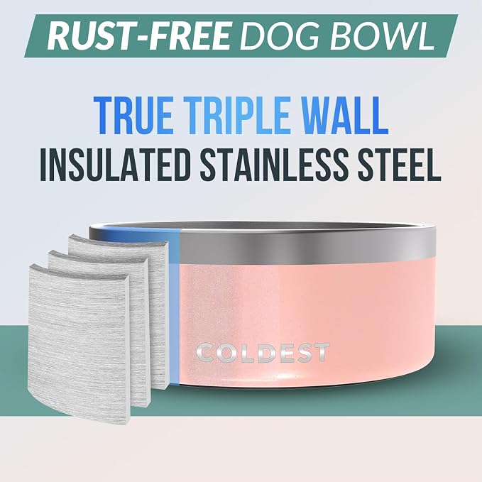 Coldest Dog Bowl - Anti Rust Metal, Non Slip, 3 Layers Insulated Stainless Steel Dog Bowls - Spill Proof & Heavy Duty - Water Bowl for Dogs, Cats, Dish Washer Safe (100 oz, Forever Pink Glitter) - Image 3