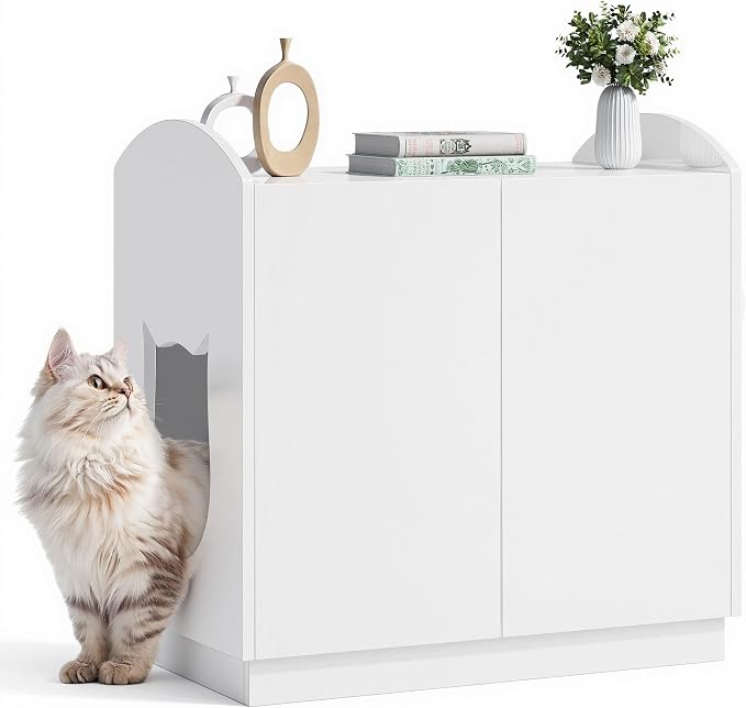 DWVO Large Hidden Litter Box Furniture with Hooks | Modern Cat Litters Box Enclosure for M/L/XL Litter Boxes, Wooden Secret Cat Cabinet, High-Gloss White - Image 2