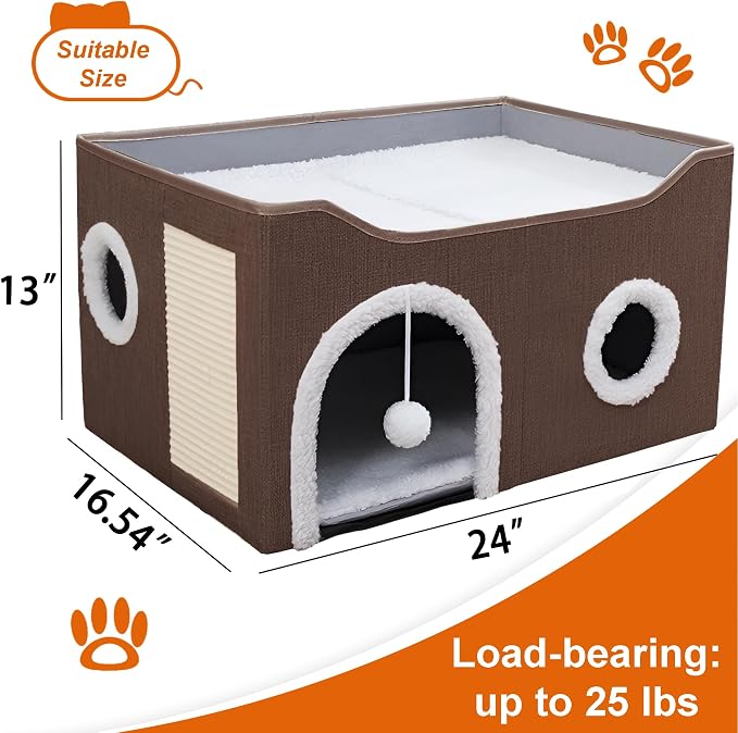 Loyareal Cat Houses for Indoor Cats - Large Cat Bed Cave with Scratch Pad and Fluffy Ball, Foldable Cat Condo Hideaway with Reversible Cushion for Multi Small Pet，Brown - Image 2