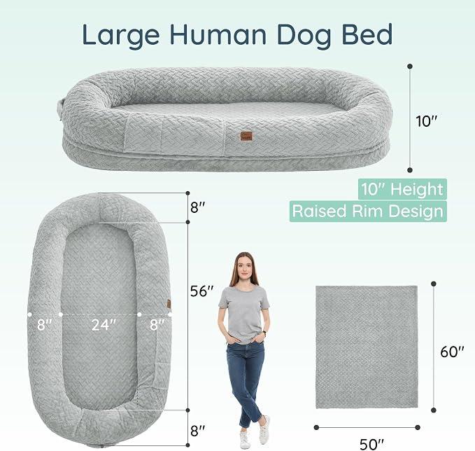 ChiXnuggle Orthopedic Human Dog Bed,with Faux Fur Washable Cover,Blanket | light grey,72*40*10,giant dog bed for adult or extra large dogs,egg crate foam,non-slip bottom - Image 2