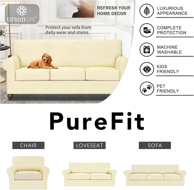 URBANLIFE 4-Piece Stretch Sofa Covers for 3 Cushion Couch, Cream | Super fitted spandex slipcovers for couches. Non-slip elastic bottom. Machine washable furniture protector for kids & pets. - Image 7