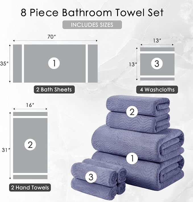 8 Piece Bath Towel Set |2 Oversized Large Bath Sheet,2 Hand Towels,4 Washcloths| Ultra Soft Bath Towel Set for Bathroom Hotel Gym Spa,Highly Absorbent Quick Dry Bathroom Towel Collections,Wedgewood - Image 5