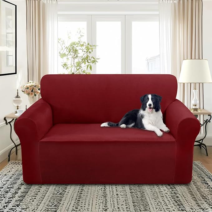 U-NICE HOME Velvet Loveseat Sofa Covers Stretch Couch Cover Furniture Protector Sofa Slipcover for Dogs (Medium, Burgundy) - Image 2