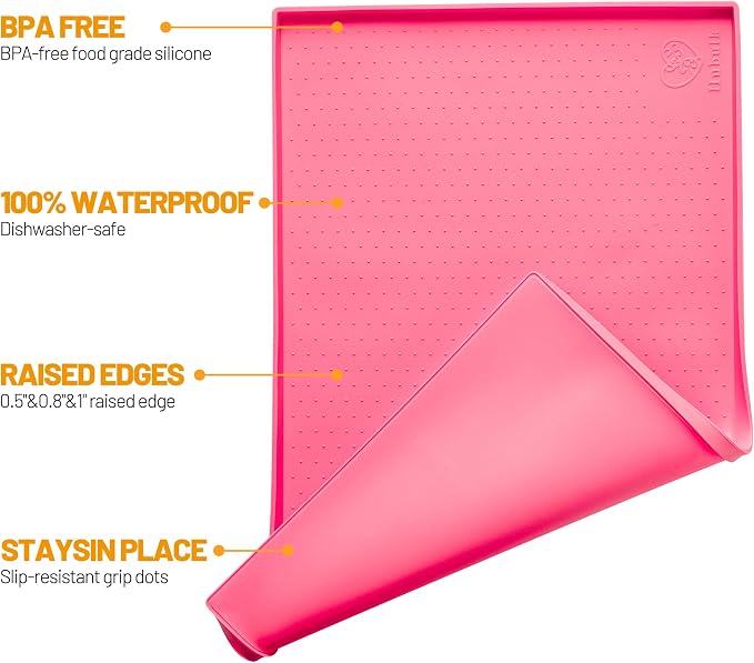 Hubulk Dog Feeding Mat,100% Waterproof Food Grade Silicone Pet Food and Water Bowl Placemat,Dishwasher, High Raised Edge to Prevent Spills,Nonslip Tray to Stop Messes on Floor（28"x18"x0.8", Pink） - Image 2