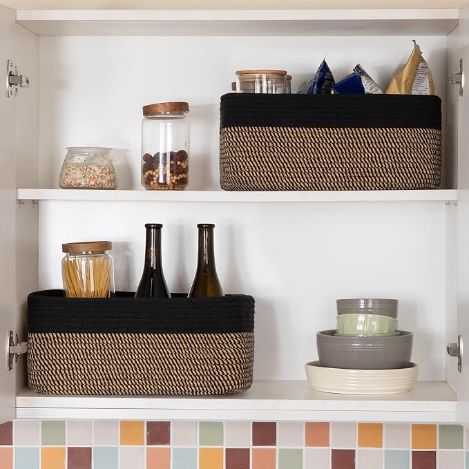 OIASKET Storage Baskets for Organizing 3 Pack, Woven Baskets for Shelves, Closet Organizer Bins Empty Gift Basket Toy Storage for Toys, Books, Towels, Clothes, 15"x11.42"x6.7", Black & Yellow - Image 6