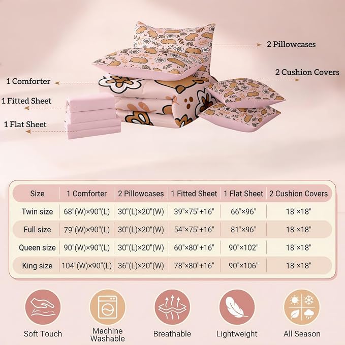 Erosebridal 7 Pieces Cartoon Capybara Bed in A Bag Full Size, Cute Animals Comforter Set with Sheets for Kids Boys Girls Women Men, Branches 7 Pcs Bedding Set, Florals Bedding Comforter Sets, Pink - Image 7