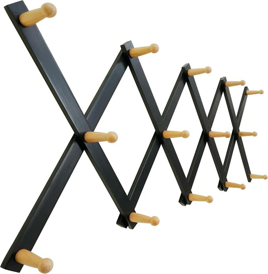 SKOLOO Hat Rack for Wall with 14 Hooks, Solid Wooden, Modern, Expandable Coat Rack Wall Mount for Coats, Hats, Bags, Baseball Caps, Natural on Black by SKOLOO