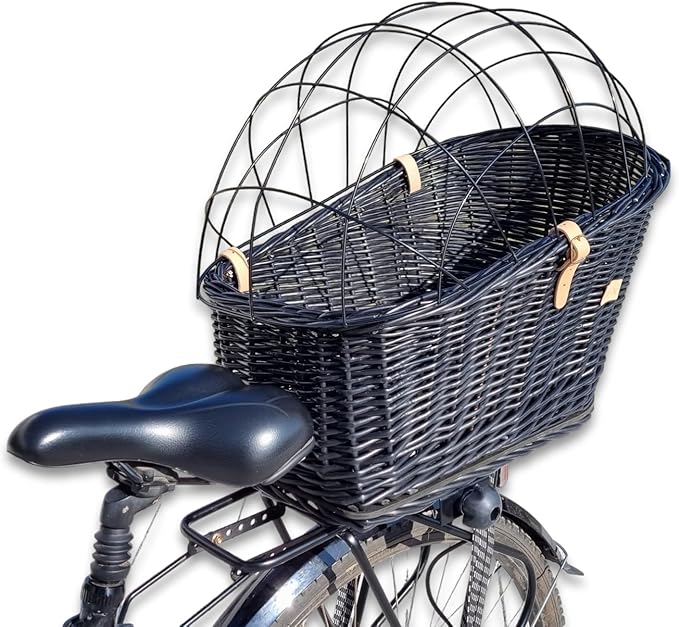 Natural Wicker Dog Bike Basket - 100% Organic Rattan Pet Carrier with Protective Grille - Eco Friendly Design - Soft Cotton Cushion & Mounting Bracket for Secure Bicycle Rear Luggage Rack