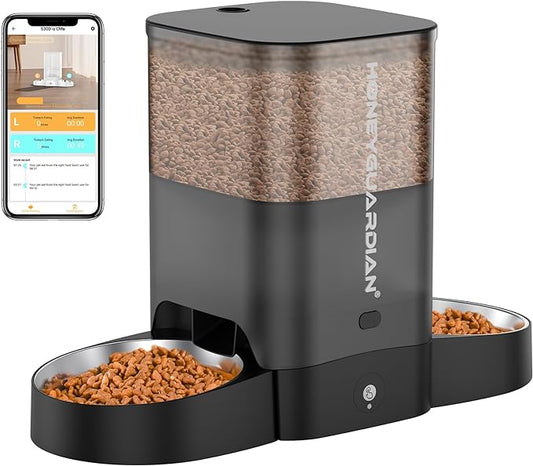 HoneyGuaridan Automatic Cat Feeder for 2 Cats, 2.4/5G WiFi Smart Feed Pet Feeder with Stainless Steel Bowl,APP Control Dispenser, Dual Power Supply,Desiccant Bag,10s Meal Call Black by HoneyGuaridan