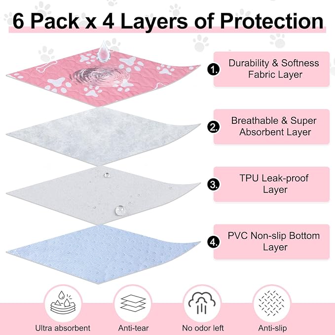 BEAUTYZOO 6 Pack Washable Pee Pads for Dogs, Reusable Puppy Pads for Potty Training, Waterproof Super Absorbent Whelping Pads Mats Non Slip Against Urine for Small Medium Dogs Cats, 16" x 24" - Image 3