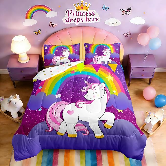 Girls Kawaii Cute Unicorn Print Bedding Set - Cartoon Horse Bedding, Children Galaxy Stars Magical Unicorn Animal Down Comforter +2 Pillowcases, Reversible Lightweight Purple by Erosebridal