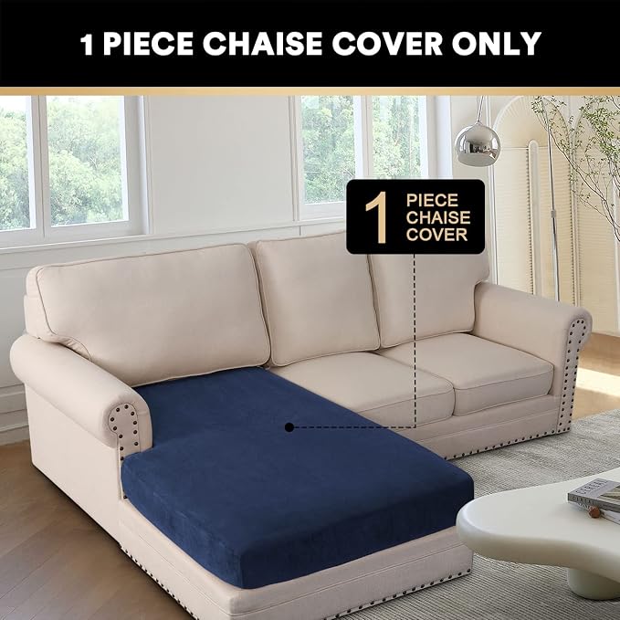 PrinceDeco Sectional Couch Covers Velvet Couch Cover for Dogs Washable L Shaped Couch Cover 1 Piece Individual Sectional Couch Covers with Elastic Bottom(Chaise Lounge,Navy) - Image 4