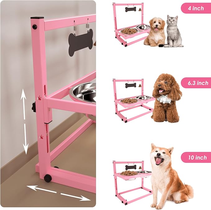 SHAINFUN Elevated Bowls for Small and Medium Dogs, Raised Stand With 2 Stainless Steel Food & Water Bowls, Adjustable Height Feeder for Puppy & Cats, Cute Pink - Image 4