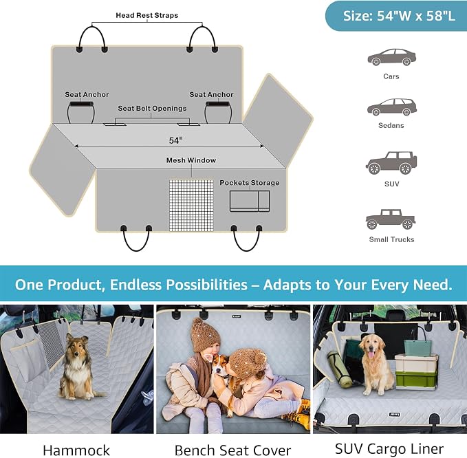 Lassie Dog Car Seat Covers for Back Seat with 2 Seat Belts, Waterproof Dog Car Hammock with Mesh Window Durable Scratch Proof Nonslip Pet Carseat Covers Universal Fit Protector for Cars, Trucks & SUVs - Image 6