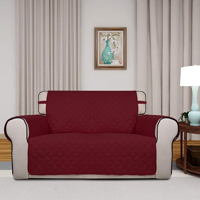 PureFit Reversible Quilted Couch Covers for Dogs Loveseat Sofa Cover 46.5” | Red/Ivory, Water Resistant Couch Protector, Washable Pet Couch Cover with Non Slip and Elastic Straps For Kids - Image 2