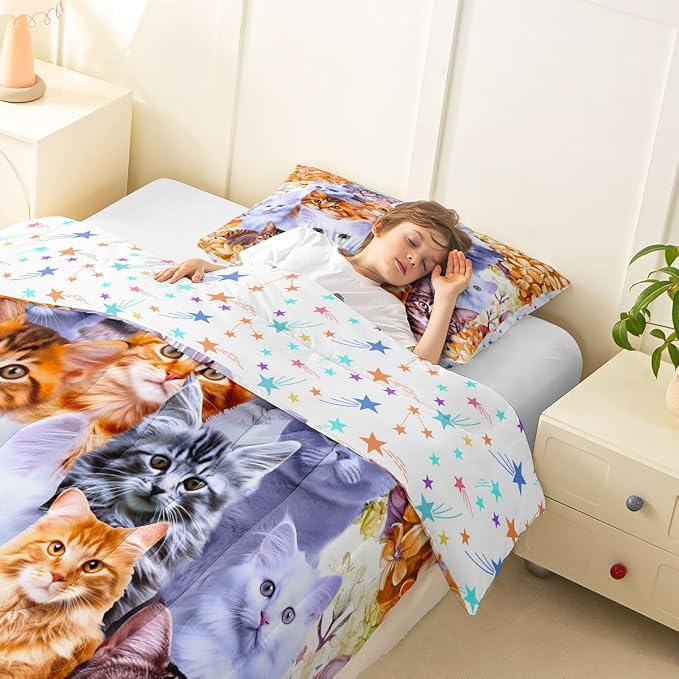 Feelyou Cats Comforter Set Cute Cat Animal Printed Bedding Set for Kids Boys Girls Pet Cat Design Comforter Lovely Floral Orange Quilt with 2 Pillowcases 3Pcs Bedding Full Boys - Image 8