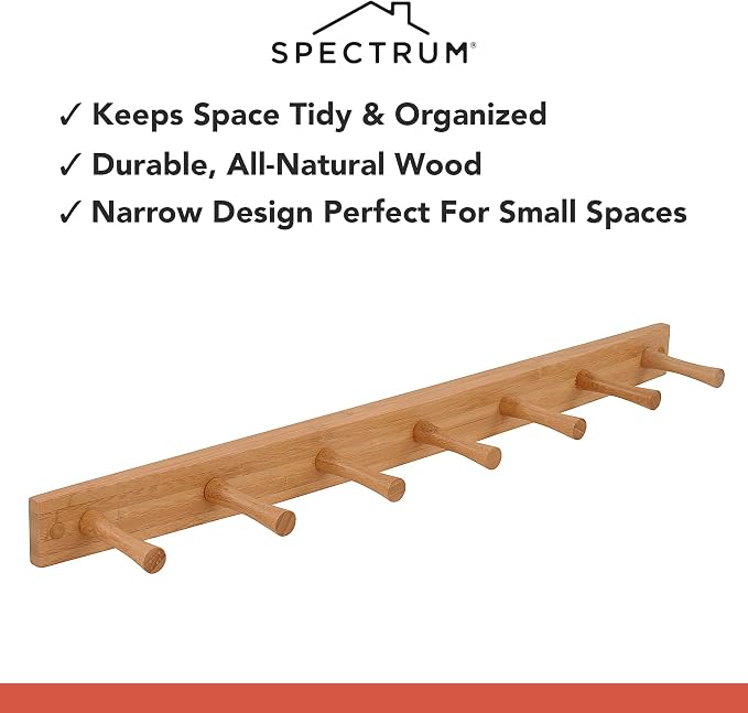 Spectrum 7 Peg Wall Mount Peg Rack Wooden Storage Organizer for Coats Hats Purses Towels, Includes Mounting Hardware and Decorative Plugs, Tie Rack Hanger Belt Holder Closet Accessory, Bamboo Color - Image 3