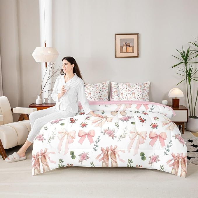 Feelyou Pink Flower 7 Piece Bedding Set Exquisite Dance Shoes Comforter Set with Sheets for Kids Boys Girls Gentle Bow Bed in a Bag Princess Style Bed Set Soft Lightweight - Image 6