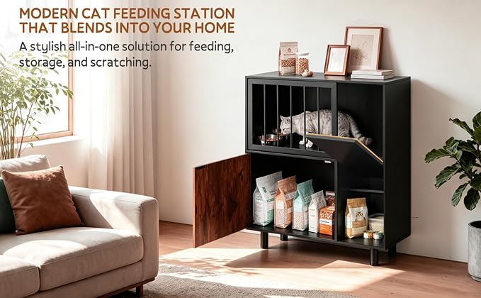 Dog Proof Cat Feeding Station with Storage Cabinet& 2 Stainless Steel Bowls, Elevated Cat Food Station with Scratching Board, Modern Wooden Cat House Furniture for Indoor Cats, Large Pet Cabinet - Image 9