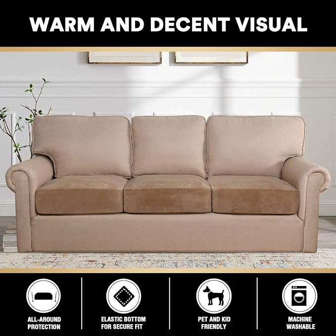 PrinceDeco Super Soft Couch Cushion Covers for Sectional Couch, Velvet Sofa Slipcover for Cushion Sofa pet Friendly with Elastic Bottom(Each Width Up to 29.5", Camel) - Image 3