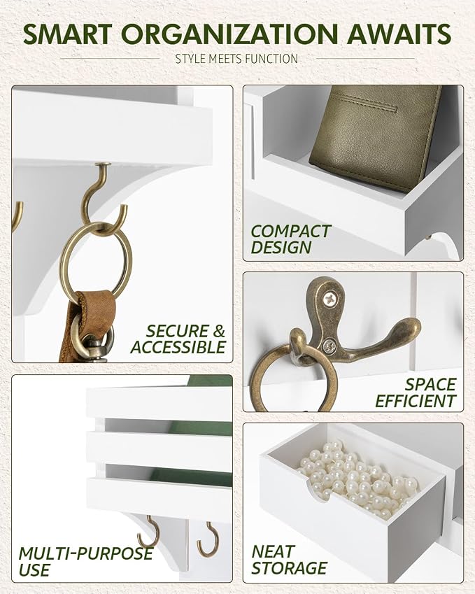 Rebee Vision Key Holder Wall Mount with Drawer & Shelf for Entryway, White | Sturdy Wood, Key Holder for Wall, 9 Sturdy Key Hooks, Wall Shelf, Drawer Organizer, Modern Home Decor, Decorative Storage - Image 5