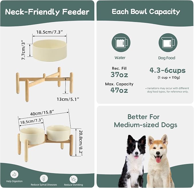 Havniva Elevated Dog Bowls Ceramic Dog Bowls with Stand, Dog Food Bowl | 7.3” Raised Dog Bowls with Non-Slip Wood Stand, Dog Food and Water Bowl Set, Double Dog Feeding Bowls for Medium Dogs - Image 2