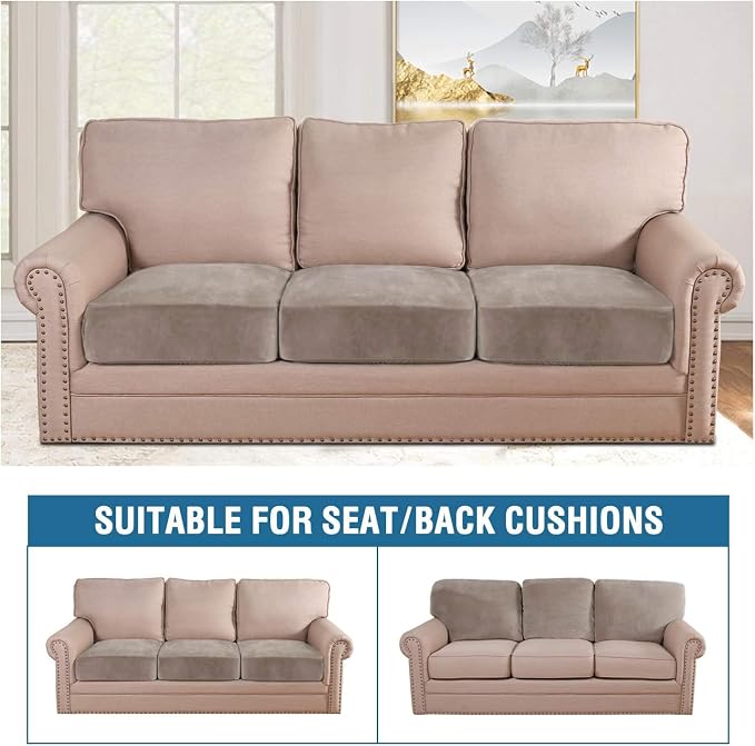 H.VERSAILTEX Velvet Stretch Couch Cushion Cover Plush Cushion Slipcover for Chair Loveseat Sofa Cushion Furniture Protector Seat Cushion Sofa Cover (3 Piece Sofa Cushion Covers, Taupe) - Image 3
