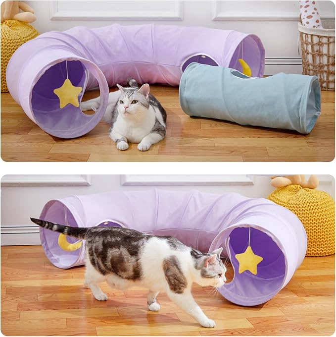 Cat Tunnel, Large Indoor Durable Collapsible Interactive Cat Tube with Peek-A-Boo Hole, Hanging Toys, and Crinkly Paper Lining - Cute Tunnel for Cats, Kittens, Puppies & Rabbits, Purple - Image 3