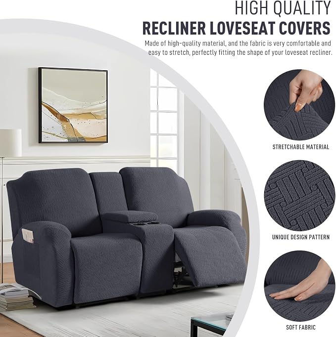 KinCam Loveseat Recliner Covers with Middle Console Slipcover, Charcoal Gray - Image 2