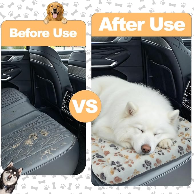 Dog Car Seat Cover for Back Seat, White Paw Print Flannel Pet Bed Mat, Non-Slip Waterproof Bottom, Washable Dog Bed & Seat Protector for Cars SUVs Trucks, Fits Backseat Extenders - Image 3