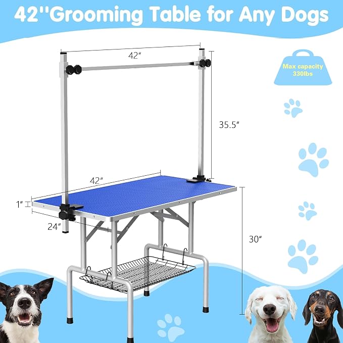 Lyromix 42'' Foldable Dog Grooming Table with Arms/Nooses/Mesh Tray, Blue | Stainless Steel Grooming Table for Dogs at Home, Adjustable Pet Bathing Station, Non-Slip Waterproof Tabletop, Capacity 330Lb - Image 6