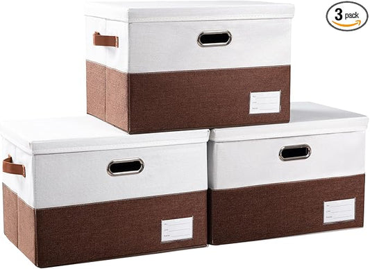 PRANDOM Foldable Storage Bins with Lids [3-Pack] Fabric Collapsible Storage Boxes Baskets Cubes Containers with Handles for Closet Living Room Bedroom (Brown & White 17.7x11.8x11.8'') by Prandom