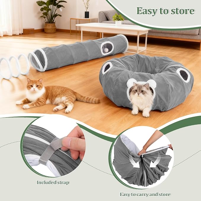 Ownpets 2-in-1 Cat Tunnel Large Lollipop 12" D Collapsible Cave Plush, Grey | Foldable Tunnel Bed, Fluffy Ball, Multi-Exit Maze, For Cats Kittens Puppies Rabbits, Soft Plush, Easy Store, Cozy Hiding Spot - Image 4