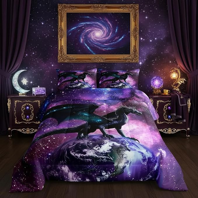 Erosebridal Dragon Bedding Set Purple Nebula Comforter Set Twin Size Mysterious Outer Space Duvet Set Trippy Bedding Set for Kids Boys Girls Teens Room Decor, Safari Wildlife Animals Quilt Set by Erosebridal