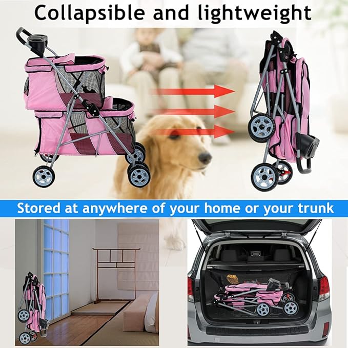 Dkeli 4 Wheel Pet Stroller for Small and Medium Dog Cats, Double Dog Stroller with Cup Holder, Folding Travel Cage for 2 Puppies or Two Kittens, Pink