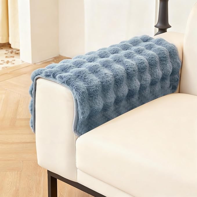 DREAMINGO Faux Fur Couch Armrest Cover, Soft Plush Sofa Covers for Pet Washable, Non Slip Furniture Protector for 2-3 Cushion Couch Sofa, 27.6x27.6 Inch, Blue by DREAMINGO