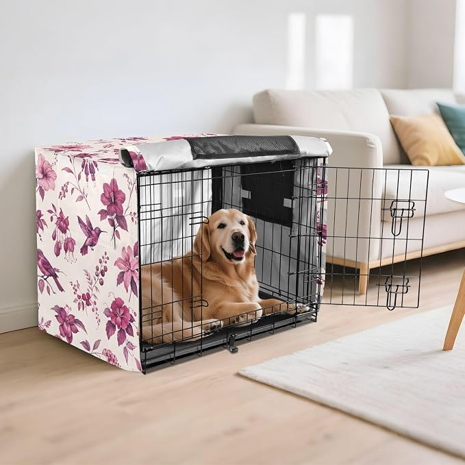 Exotic Flowers Birds Dog Crate Cover 600D Oxford Pet Kennel Cover with Mesh Window for Dog Cages, Windproof Waterproof Machine Washable, 42"x28"x30" - Image 6