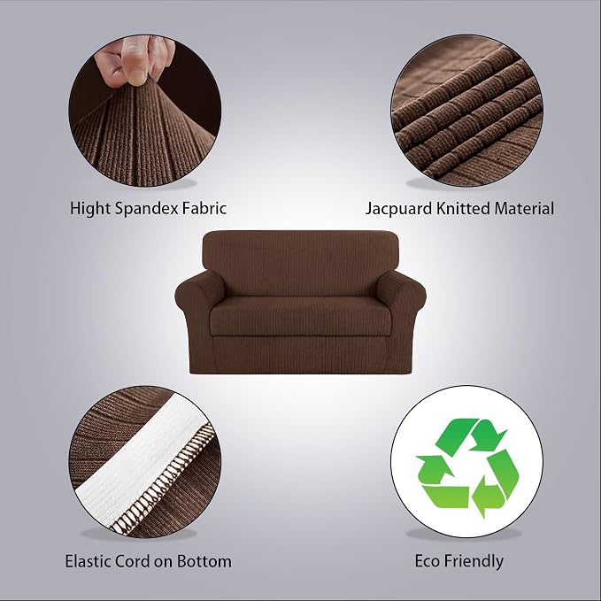 Loveseat Cover Stretching Skid Resistance Couch Cover for Pets Washable, Thick and Durable Soft High Spandex Striped Pattern Sofa Covers, Form Fitted Love Seat Slipcover(Loveseat, Chocolate) - Image 2