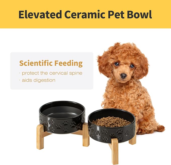 Elevated Ceramic Dog Bowl Set, Anti-Skid Bamboo Stand, Black, 5.1 inch | Food and Water Bowls with Fixed Non-Slip Rubber Ring, Microwave Safe, Easy to Clean, 1.6 Cup per Bowl, for Small-Breed Puppy - Image 2