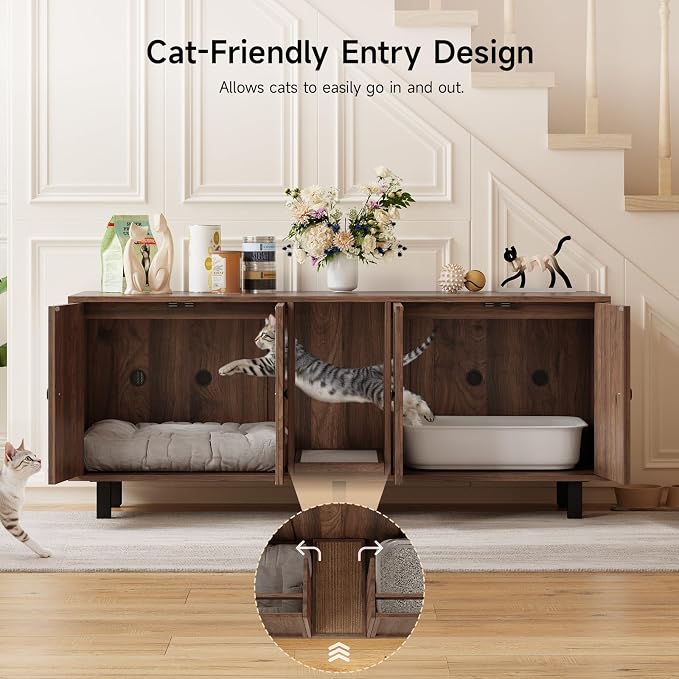 ONBRILL 63 Inches Cat Litter Box Enclosure for 2 Cats, Hidden Litter Boxes Furniture with Cat Scratch Pad, Large Indoor Pet House with Double Room, Wooden TV Stand Side Table, Walnut - Image 4