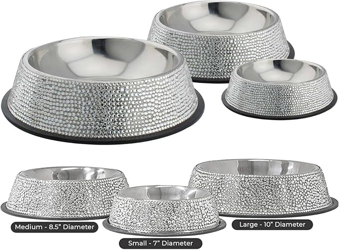 Strass Pet Bowl, Sparkling Rhinestones on Stainless Steel, Non-Slip Base, for Cats, Dogs, Other Pets, Food and Water, Silver, Medium, Sold Individually - Image 5