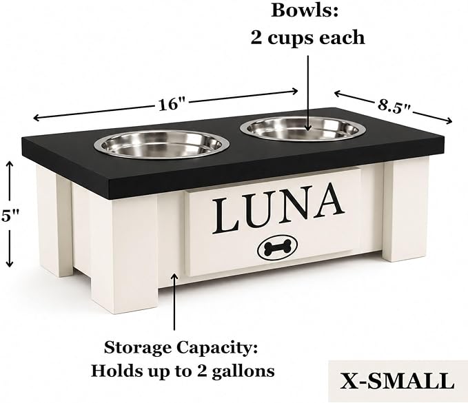 Elevated Dog Bowls for Small Dogs, Personalized Food Stand for Toy Breed | Farmhouse Style, Elevated Wood Stand, Storage Container, Stainless Steel Bowls, Raised Anti-Slip Feeder, Made in USA - Image 4